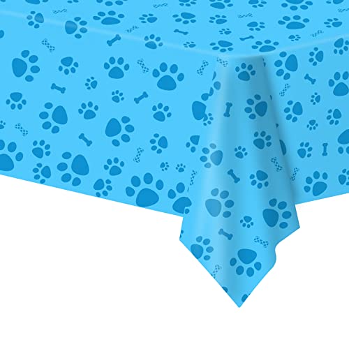 DUAIAI Paw Print Tablecloth, 1 Pack Large Size Plastic 54"x108" Dog Paw Print and Bone Sign Tablecloths, Cute Table Cover for Kids Boy Girl Puppy Dog Birthday Party Supplies- Blue