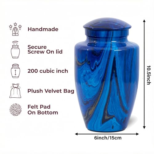 Image of Handcrafted Cremation Urns for Human Ashes Adult Man and Woman | Large Urns for Ashes Adult Male and Female,Decorative Funeral Urns - Memorial Urn with Blue Marble Finish(Up to 200IBS)
