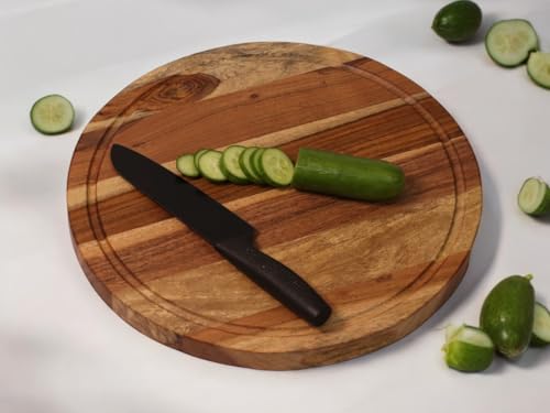 Image of Vesta Homes Wooden Round Chopping Board, Cutting /Serving Board, Charcuterie, and Cheese Board for Kitchen | Natural Acacia Wood | 38 x 38 x 2.5 cms | Handcrafted in India