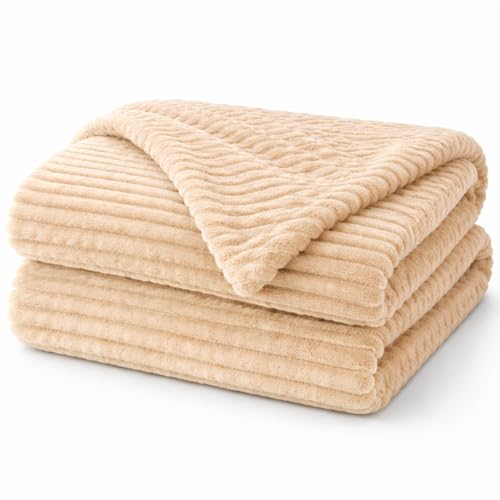Image of WONJU Premium Ultra Soft Coral Fleece Blanket for Bed & Sofa | Warm Plush Ribbed Throw | Lightweight Cozy Winter Blanket | Machine Washable | Multiple Colors (Cream)