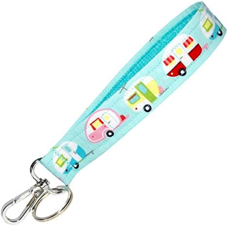 Camping Key Fob Strap - Camper Keychain - Blue Glamping Trailers - RV Accessories - 1 Inch Wide - 6 Inch Loop - Wallet or Purse Strap - Cute Camping Gift