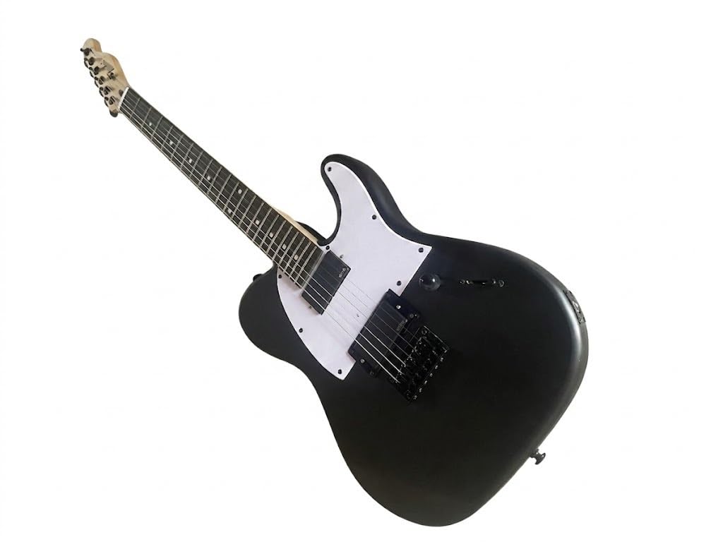 Chitarra elettrica dal corpo solido, stile T nero opaco con doppio humbucker e battipenna bianco, 6 corde full size for performance sul palco rock studio (Guitarra Electrica)