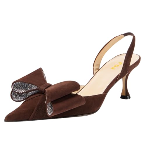 FSJ Women Bow Pointed Toe Slingback Pumps Rhinestones Studded Kitten Mid Heel Slip On Sandals Wedding Party Shoes Size 4-16 US