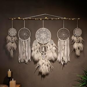 5 Pack Boho Dream Catcher Wall Hanging – White Handmade Dream Catchers Large Small Wall Decor for Bedroom Adult Sun and Moon Bohemian Hanging Decor Wedding Party Decoration for Women Teen Girls