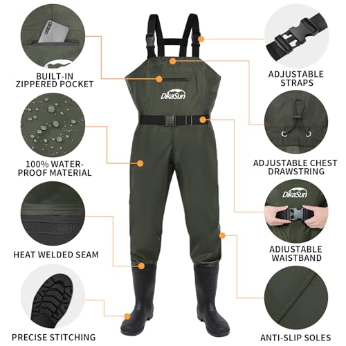 DikaSun Fishing Waders for Men & Women, Waterproof 2-Ply Nylon/PVC Chest Wader with Boots for Outdoor Sizes 4-14 Bootfoot