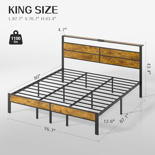 Image of Liians King Size Bed Frame with Storage Headboard, LED Lights | USB Type C Charging Station, Heavy Duty Metal Platform, No Box Spring Needed, Noise Free, Easy Assembly