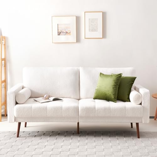 Vonanda Velvet Boucle Sofa Couch, Mid-Century 73 Inch 3 Seater Couch with Hand-Stitched Comfy Cushion and Bolster Pillows for Living Room, Elegant Boucle White