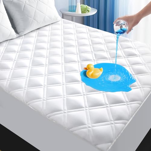 Padded Queen Mattress Protector, Breathable Waterproof Mattress Pad Cover Fitted Deep Pocket 8″-21″, Soft Noiseless Mattress Cover Washable Cooling for Home Hotel Bedroom, White