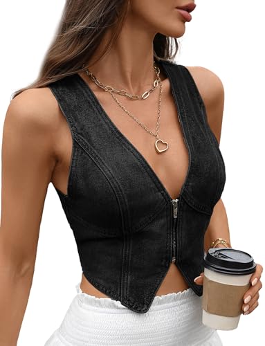 FEOYA Jeansweste Damen Vintage-Weste mit Verkürzter Passform V-Ausschnitt Schlitz am Rücken und Reißverschluss Vorne Schmale Weste B2 XL