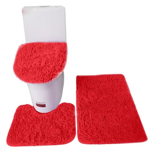 Alfombrilla de baño absorbente de 3 piezas con base en U y funda de inodoro protectora roja 2