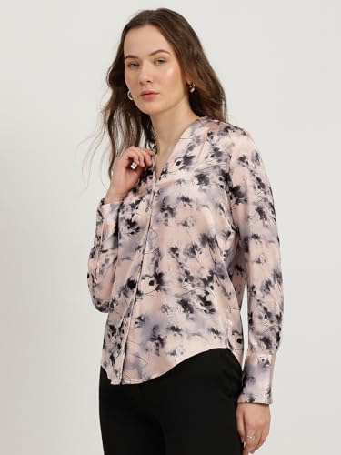 Image of FableStreet Women Formal Shirt | Relaxed Fit V-Neck Polka Dot Pattern with Pleated Detailing | Satin Fabric for Business Casual
