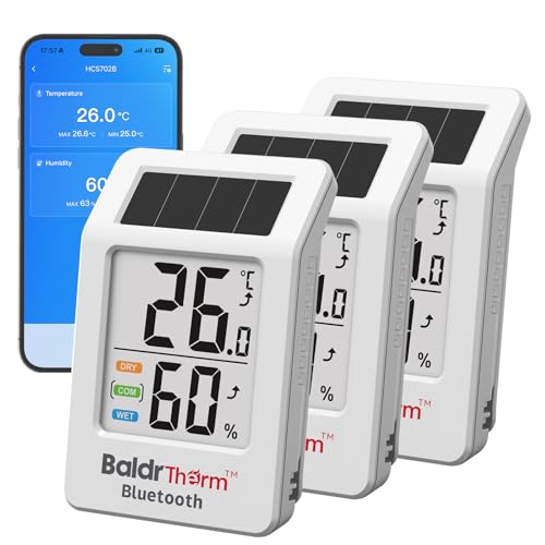 Deal: BaldrTherm Solar Bluetooth Thermometer Humidity Monitor with Remote App Control, Offline Storage, Trend Charts, Real-Time Alerts for Home Storage Room, Pet Cage, Indoor/Outdoor Use, White, 3pack