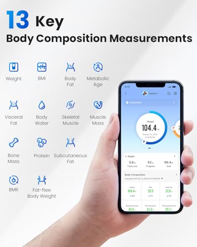 RENPHO Personenwaage Digital mit APP 180 kg, Waage Personen mit Körperfett und Muskelmasse mit 13 Messwerten, Bluetooth Körperfettwaage für Baby und Schwangere, Schwarz