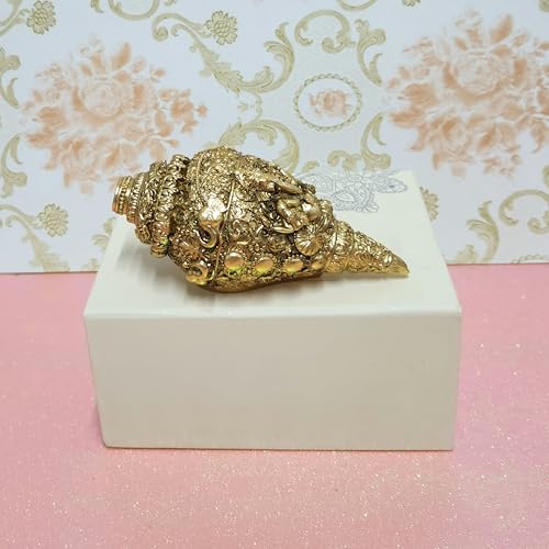 Image of ARNAVIRA 24K Gold Plated Antique Finish Ganesh Shankh (Conch) for Wealth, Home Decor | Housewarming Gifts | Pooja Room | Return Gifting 12.7 cm x 5 cm