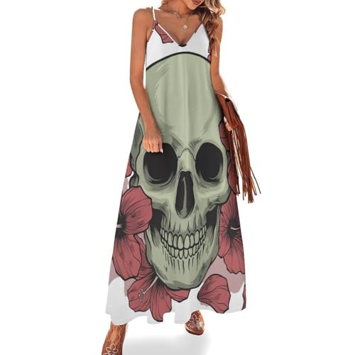 Robe robe longue femme été sans manches motif fleur rouge et crâne léger