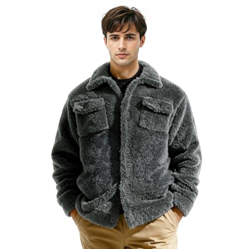 Image of GINGTTO Mens Furry Button-Up Jacket 4 Pockets Fluffy Coat For Men