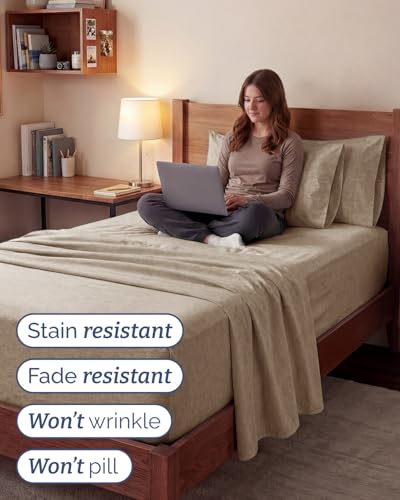 Image of Extra Deep Twin XL Sheet Set - 4 Piece Cooling Bed Sheets - Heathered Beige | Hotel Luxury Bed Sheets Set, Easy & Secure Fit, Ultra-Soft, Wrinkle & Fade Free, Comfy Sheets Set with Extra Deep Pockets