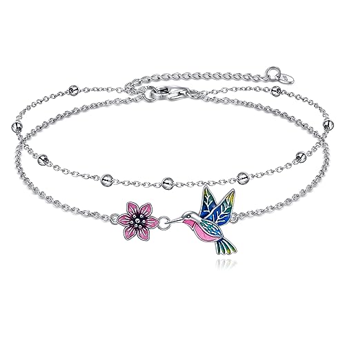 Image of YAFEINI Anklet Bracelets for Women Girls Sterling Silver Hummingbird /Dragonfly /Butterfly Link Chain Anklets Jewelry Gifts