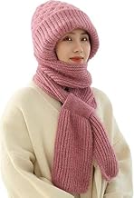 Winter Cap with Muffler Scarf for Women, 2 in 1 Knitted Woolen Beanie Hat with Ear Protection, Pink
