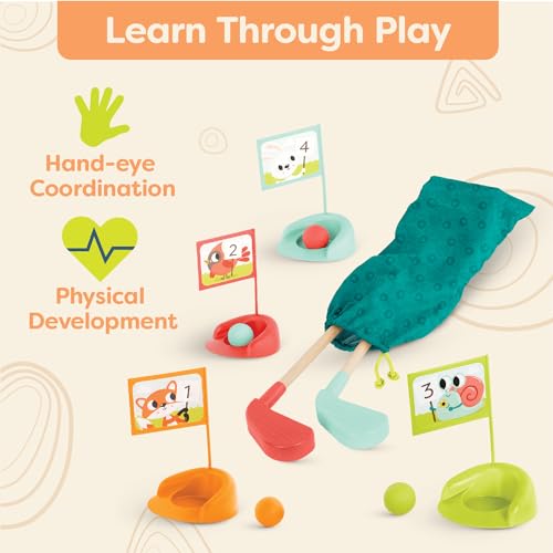 Image of B. toys Wooden, Hole-in-Fun with Storage Bag, 15-Piece, Summer | Toy with 2 clubs, 4 balls, 4 putting cups, 4 numbered animal flags, color-coded pieces, storage bag, 3+ Years