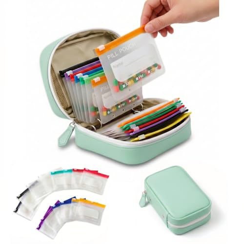 NeLiangIA 2 Pack Mint Green Waterproof Pill Organizer, Large Capacity Travel Pill Organizer with 14 Color Pouches, Pastilleros para Medicamentos, Travel Medicine Organizer for Family Sharing