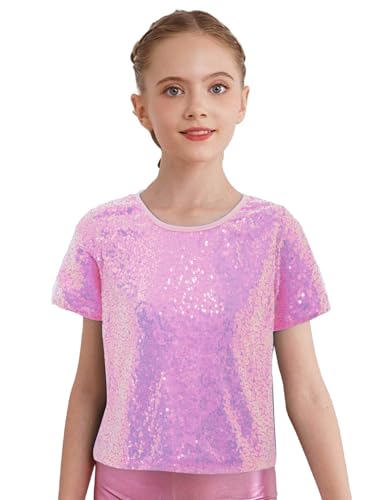 renvena T-Shirt con Paillettes Maglietta da Bambina Manica Corta Maglia da Ballo di Strada Jazz Hip Hop Camicia Casual Crop Top per Ginnastica Yoga Palestra Rosa 6-10 Anni