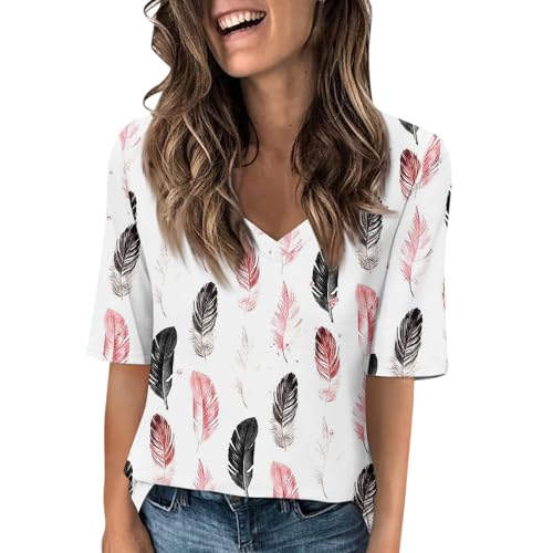 GAANBODI Half Sleeve Tops for Women Womens Casual V Neck Floral Printed Summer Shirts Loose Fit Elbow Length Sleeve Blouses 02-White Medium