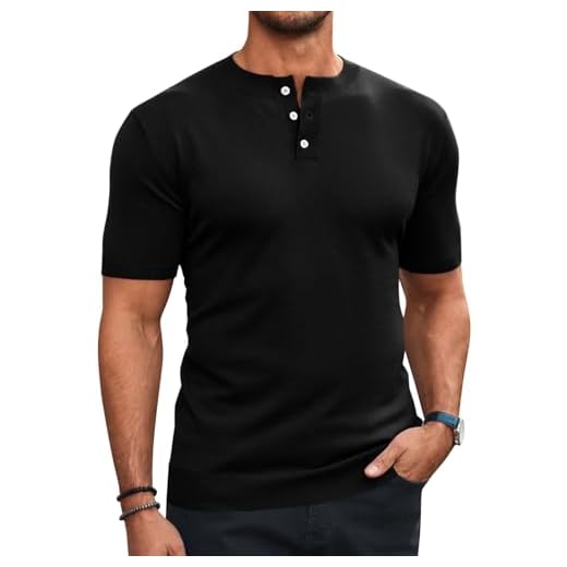 Runcati Camiseta masculina de malha Henley manga curta casual slim fit pulôver leve, Preto, M