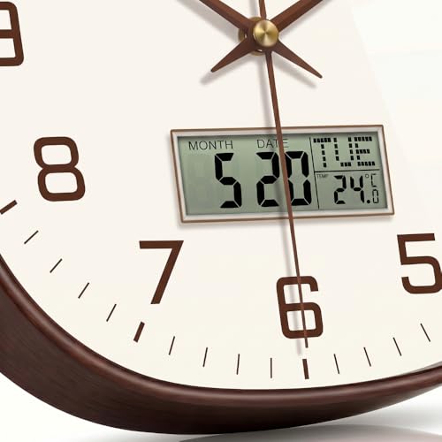 Image of STAR WORK 12 inch Inch Square Silent Non-Ticking Quartz Movement Wall Clock with Analog & Digital Display | Easy-to-Read Numbers | Modern Design for Living Room, Bedroom or Office (White - Brown Digital)