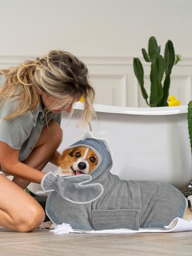 Bibykivn Bademantel für Hunde, Hundebademantel Aus Mikrofaser, Verstellbares Halsband Mit Klettverschluss Schnell Trocknend Badetuch für Große Mittelgroße Kleine Hunde/Katze (Grau, XL)