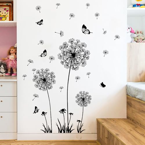 2 Wandsticker: Löwenzahn und Schmetterling, Wandaufkleber, Löwenzahnblumen, Pflanzen, Sticker, abnehmbar, Deko, Kinderzimmer, Baby, Wohnzimmer, Dekoration (schwarz)