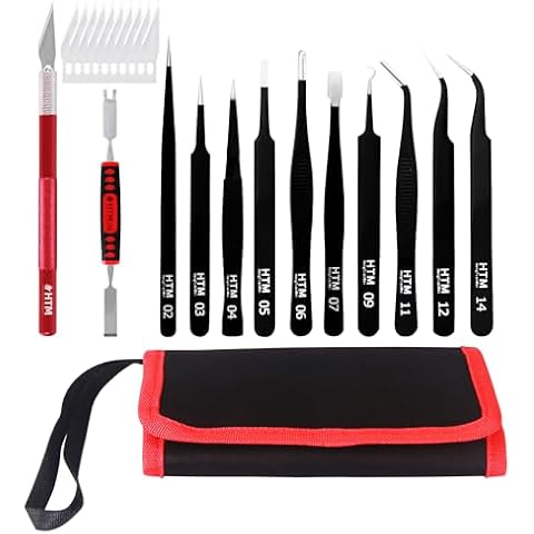 HengTianMei Precision Tweezers Set Anti-static ESD Tweezers Kit, Equipped with carving knife, metal crowbar and storage bag (12 PCS) Cover