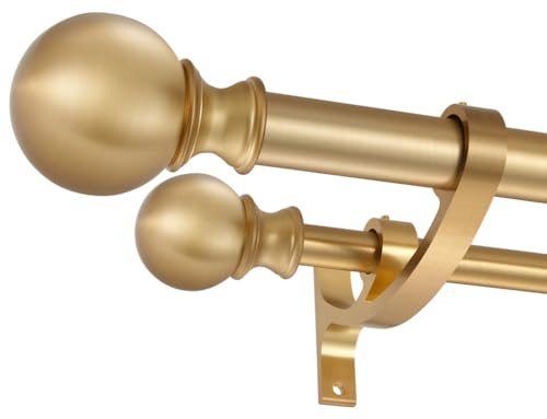 Hosmile Double Curtain Rods 144-164 Inches, Warm Gold Window Rod, Adjustable With Round Finials, 1-Inch Front and 5/8 Inch Back Telescoping Drapery Rod