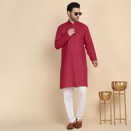 Image of KRAFT INDIA Men's Cotton Solid Kurta With Drawstring Pyjama Set
