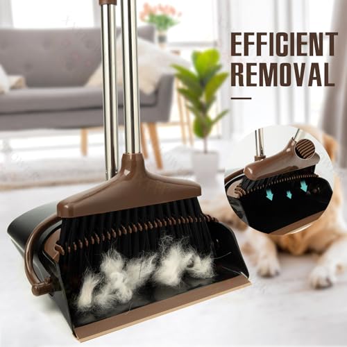 Image of Broom and Dustpan Set with Long Handle, Light Weight Stainless Steel Poles Stand Upright Dustpans with Broom Combo for Home Kitchen Office Pet Dog Hair, 1-Pack (Black Brown)