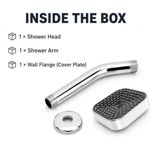 Image of HOUZA Square Shower Head for Bathroom | 4 Inch Single Flow Overhead Shower with Arm | Adjustable Bathroom Shower with Even Water Flow & Rust Resistant | Anti-Clog Silicone Nozzles for Wall Mounting