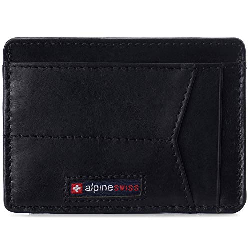Image of Alpine Swiss RFID Minimalist Oliver Front Pocket Wallet For Men Leather Hampton Collection Glossy Nappa Black
