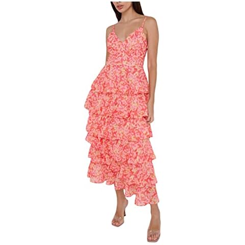 Chloefairy Sexy Women's Floral Cake Dress Sleeveless Ruffle Tiered V-Neck Summer Cami Maxi Dress Beach Party Clubwear (US, Alpha, X-Large, Regular, Regular, Pink) Cover