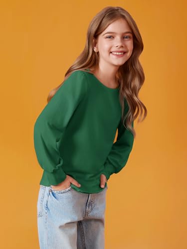 Image of Haloumoning Girls Puff Long Sleeve Shirts Fall Tops 5-14Y | Casual,Solid Color,Crewneck, Soft, Tunic Tops Blouse,Kids Long Sleeve T Shirt,,Fashion Clothes