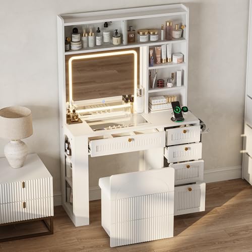 IRONCK Vanity Set with Stool Makeup Vanity with LED Lighted Mirror See-Through Drawer Charging Station Dressing Table with 4 Drawers and Open Shelves White/Natural Wood