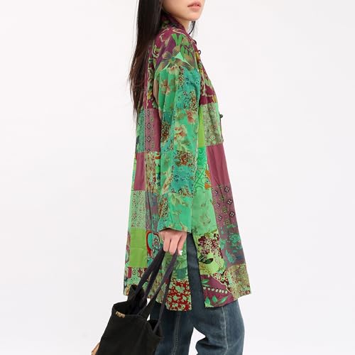 Women's Boho Floral Patchwork Jacket Lightweight Color-Blocked Plaid Windbreaker Coat for Spring & Fall3