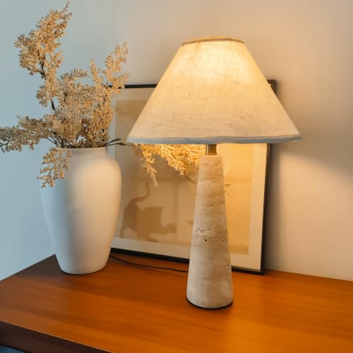 DLITISH Wabi Sabi Travertine Table Lamp, H-16.9'' Dimmable Natural Stone Table Light Fixture with Fabric Lampshade, E26 Base LED Travertine Stone Nightstand Light for Bedroom, Living Room, Study Room
