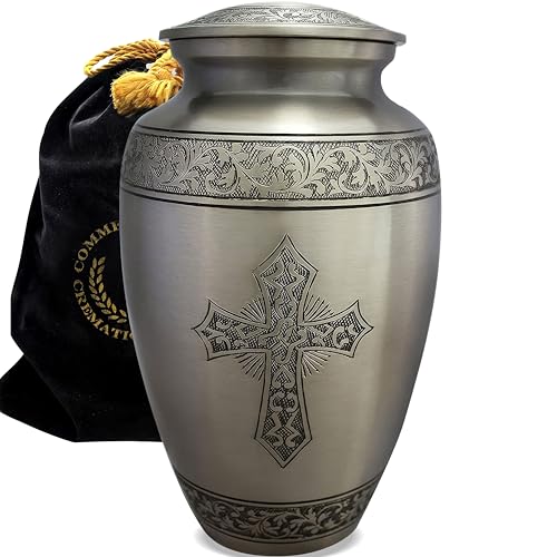 Image of Silver Cross Cremation Urn for Ashes Adult Male - Personalized Urn for Ashes for Women Decorative Urns - Beautifully Handcrafted Cross Urn