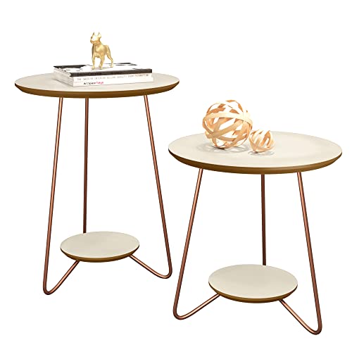 Conjunto De Mesa Apoio Lateral Redonda Sofia Pés Ferro Cobre Off White/Freijo