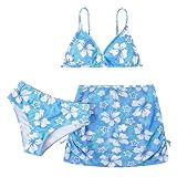 Cozyease Girls' 3 Pcs Set Floral Print Bikini Swimsuit with Drawstring Beach Skirt Cute Ruched Bathing Suit Multicolor Blue 140 9 Years