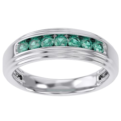 Men's Wedding Band Ring 2.7mm Round Cut Green Emerald Lab Grown Gemstone Channel Set 7-Stone Engagement Rings In 14K White Gold Plated 925 Sterling Silver Size 7