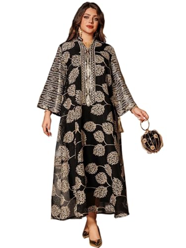 MedeShe Womens Contrast Sequin Embroidered Notched Neck Dubai Jalabiya Morocco Kaftan Islam Party Dress (Black, M)
