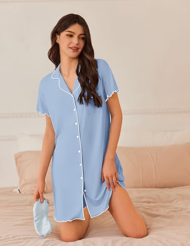 Image of Ekouaer Nightgowns for Women Button Down Sleep Shirt Short Sleeve Sleepwear