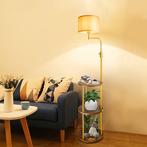 Dimmable Floor Lamp With Shelves,3-Tier Round Shelf Floor Lamps With Adjustable Direction,0%-100% Stepless Dimming, Storage Wood Texture,Linen Shade,Display Standing Lamp For Living Room, Bedroom #TOP7