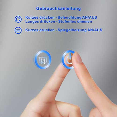 AQUABATOS Lustro łazienkowe z oświetleniem LED, ścienne, podświetlane, przełącznik dotykowy, możliwość ściemniania, zimna biel 6400 K, ochrona przed zaparowaniem, IP44, CE, 80 x 60 cm